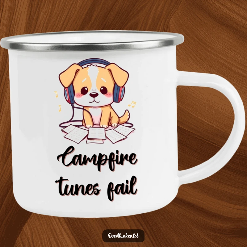 Funny Camping Mug: A dog confused by sheet music and tangled headphones humorously depicts band practice for outdoor enthusiasts.