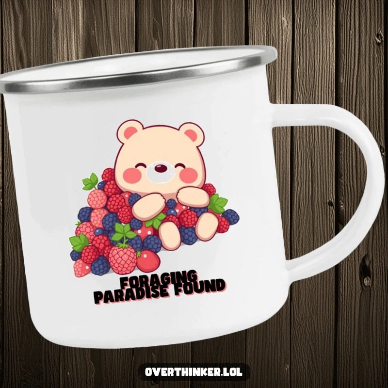 Funny Bear Camping Mug: a bear overwhelmed by berries, perfect for outdoor humor.
