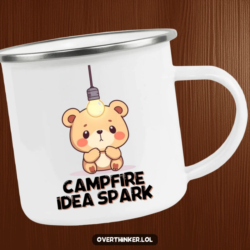 Funny bear camping mug showing a bear staring at a blinking lightbulb, inspired by nature and the universe, great for campers.
