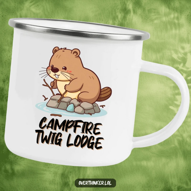 Funny camping mug with a beaver struggling with tiny twigs for dam building, bringing humor and motivation to outdoor trips.