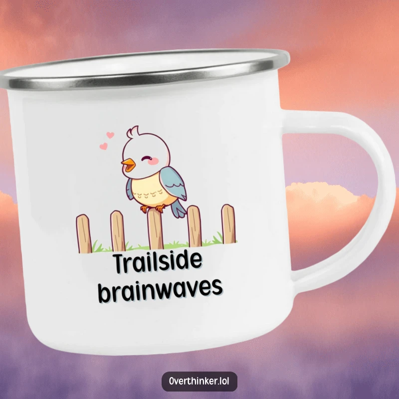 Funny camping mug showing a cheerful bird on a fence, head tilted in deep thought.