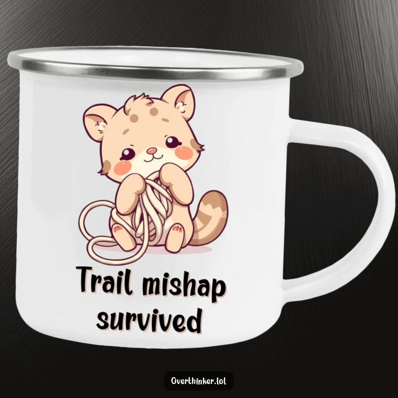 Funny camping mug featuring a cute animal character comically stuck in a knot of yarn, designed for outdoor adventures.