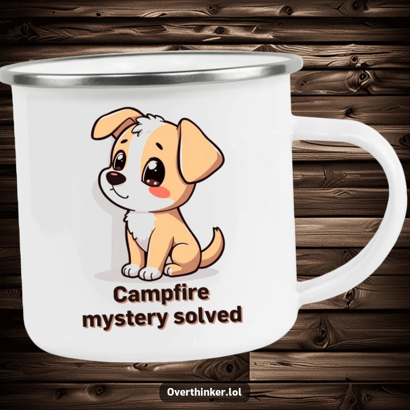 Funny camping mug featuring a dog tilting its head and staring at a shadow, ideal for dog lovers enjoying the outdoors.