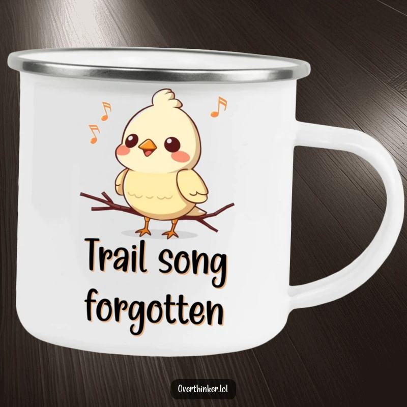 Funny Kawaii bird camping mug, a cute character mid-song, hilariously forgetting the ending, adding humor to outdoor adventures.