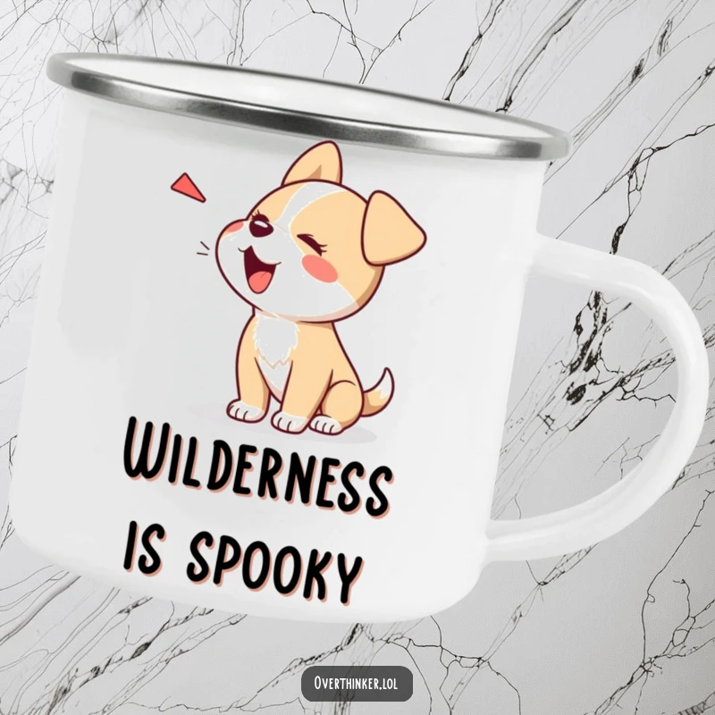 Funny Kawaii dog camping mug, a cute character barking at its own shadow, adding humor to outdoor escapades.