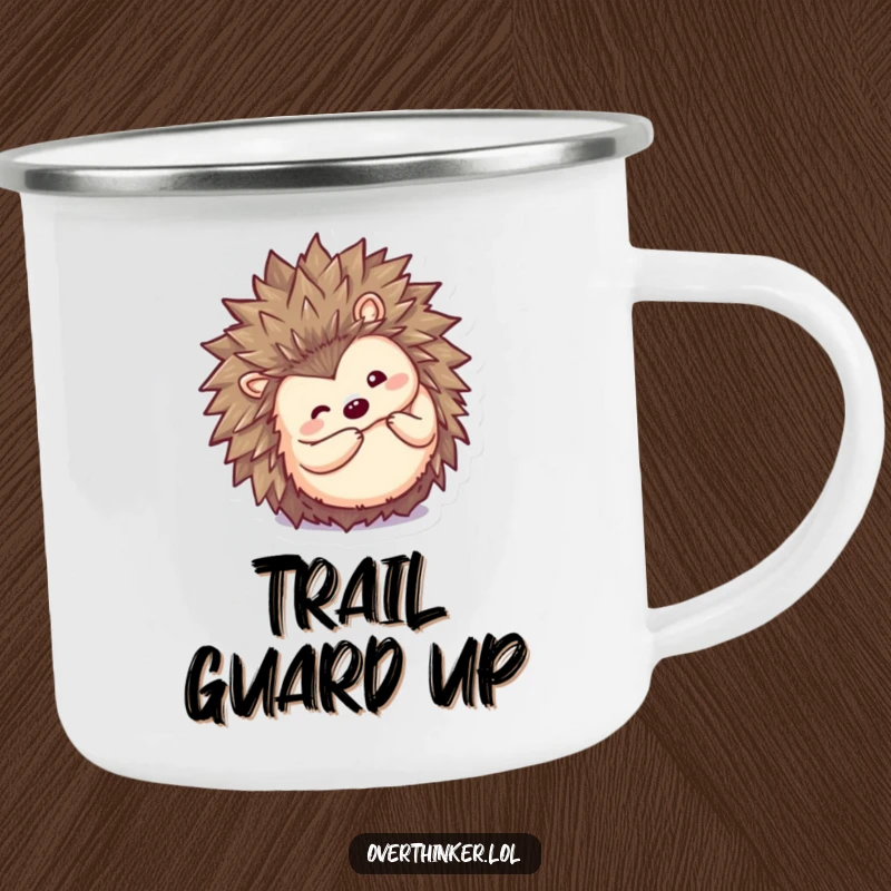 Funny Kawaii hedgehog camping mug, a cute character curling into a ball then peeking out inquisitively, adding humor to outdoor adventures.