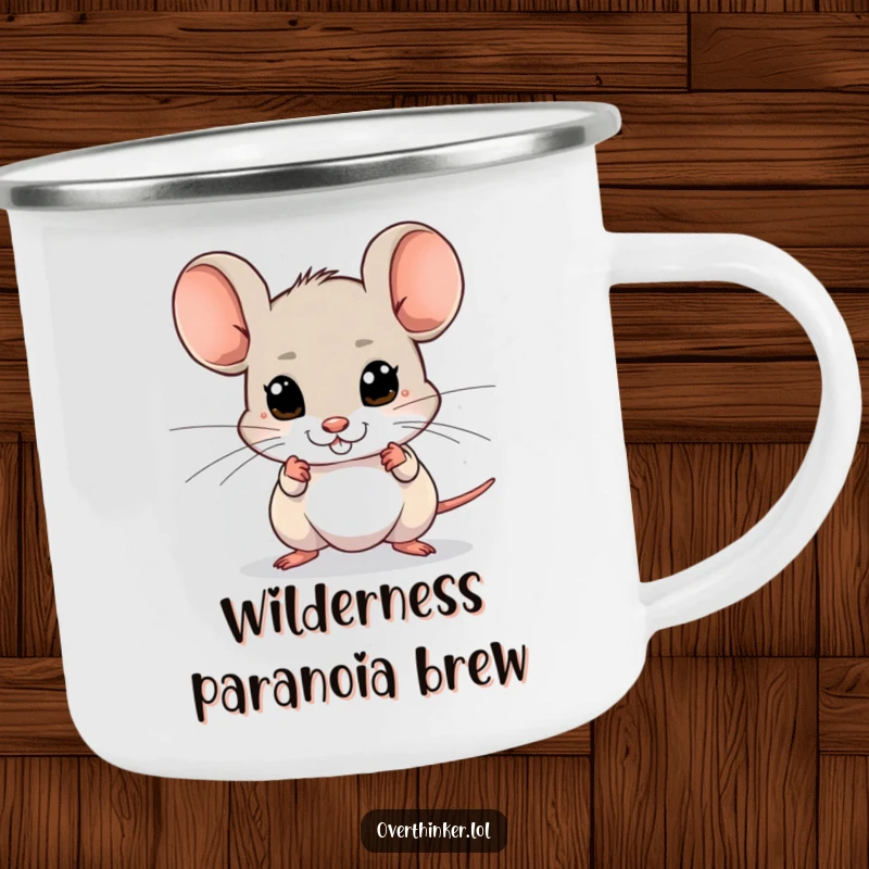 Funny camping mug featuring a mouse with darting eyes, sensing imagined dangers, perfect for outdoor drinks.