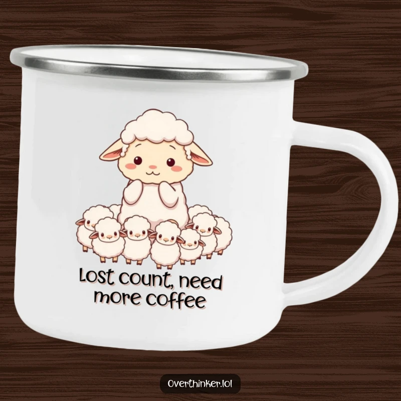 Funny camping mug of a sheep character looking overwhelmed while counting an excessive amount of sheep.