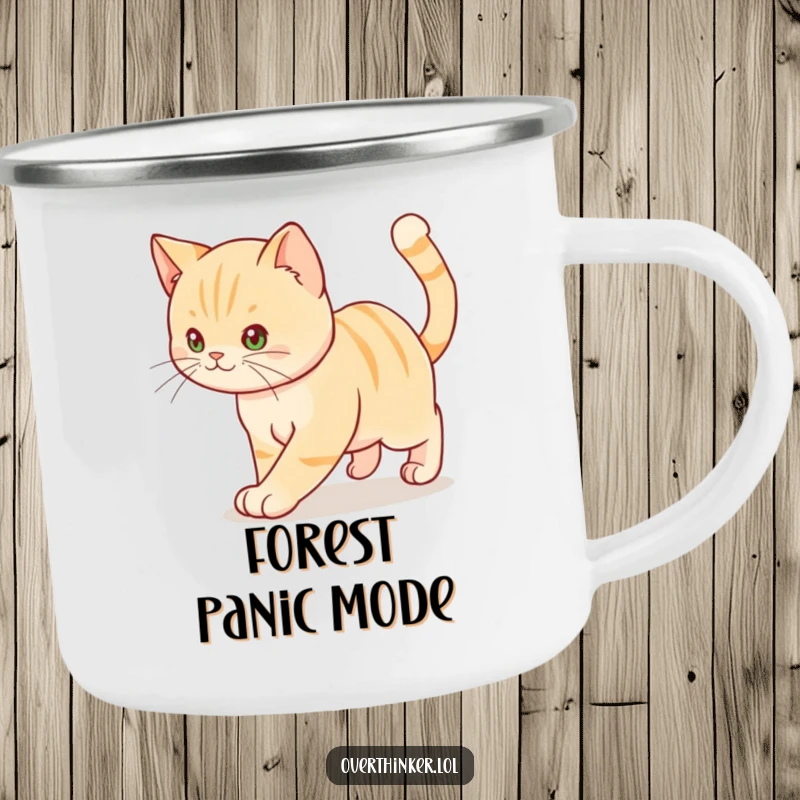Funny camping mug showing a cat pacing anxiously, tail twitching, perfect for outdoor humor.