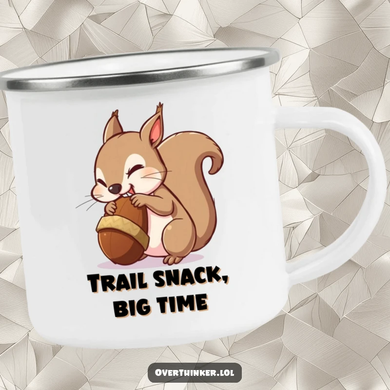 Funny camping mug showing a squirrel nervously chewing a giant acorn, perfect for outdoor humor.