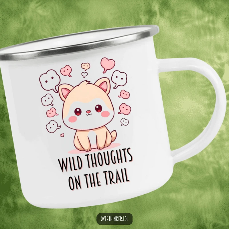 Funny kawaii camping mug with a cute animal character surrounded by 'what if' thought bubbles, ideal for outdoor contemplation and warm drinks.