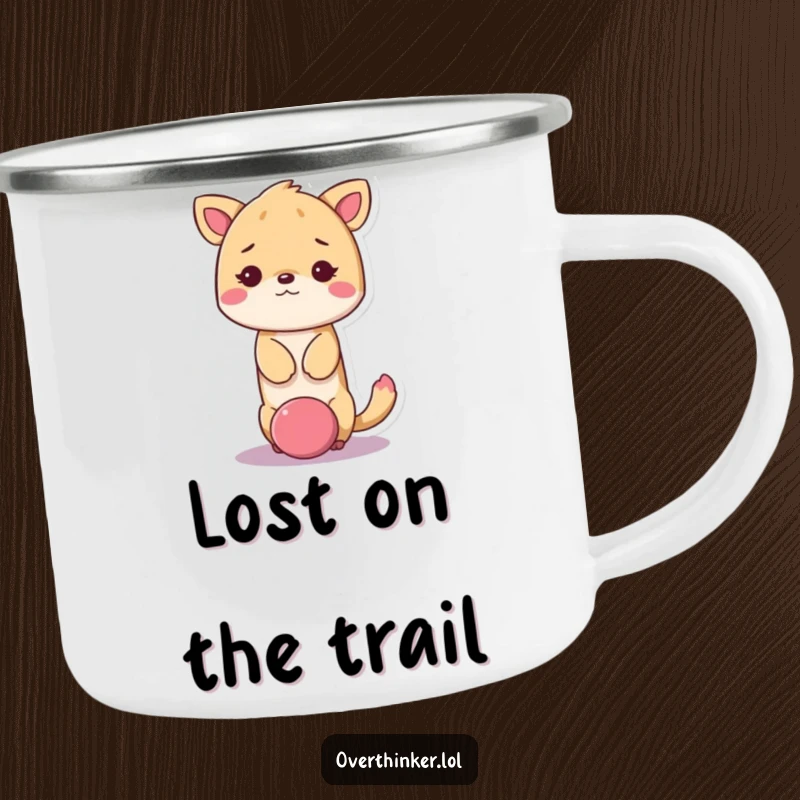 Funny kawaii animal camping mug featuring a cute animal with its head stuck in a giant question mark, looking dazed.