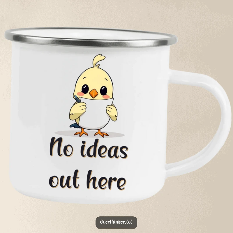 Funny camping mug with an overthinking bird holding a pen, gazing at a blank page, ready for outdoor inspiration.