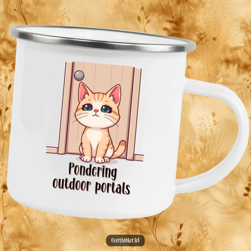 Funny camping mug featuring a cat in deep concentration staring at a closed door, designed for durable use and sparking curiosity.