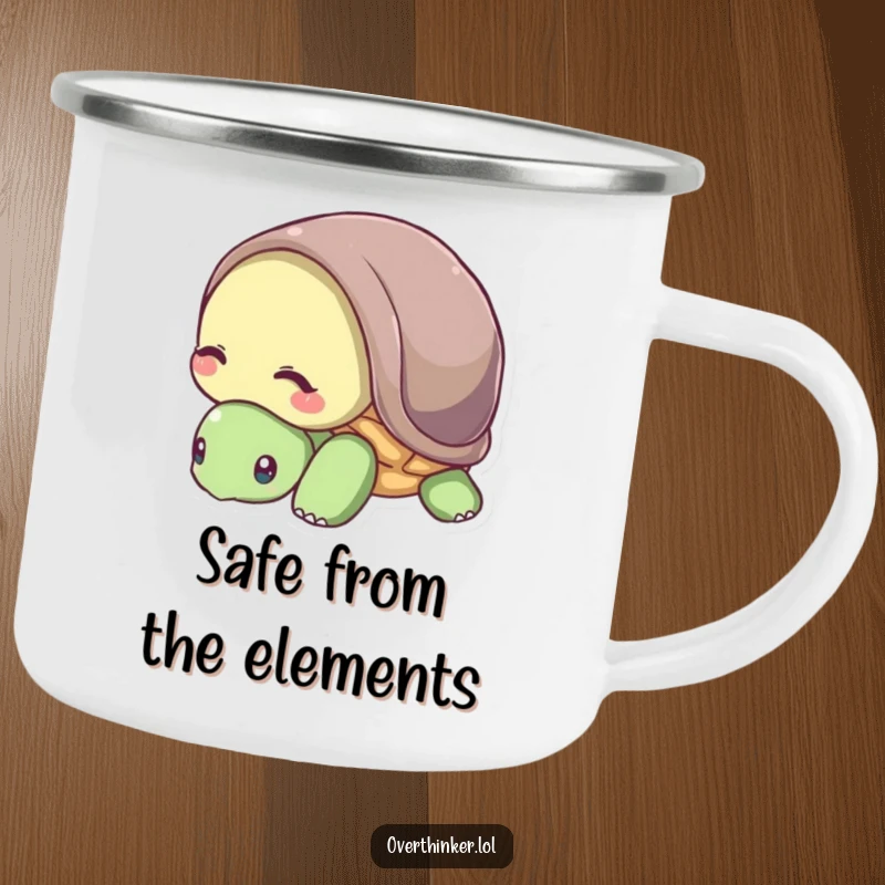 Funny camping mug with a shy turtle hiding its head in its shell, ideal for peaceful enjoyment.