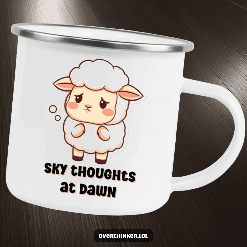 Funny camping mug featuring a sheep with a furrowed brow, questioning the shape of a cloud, perfect for outdoor drinks.