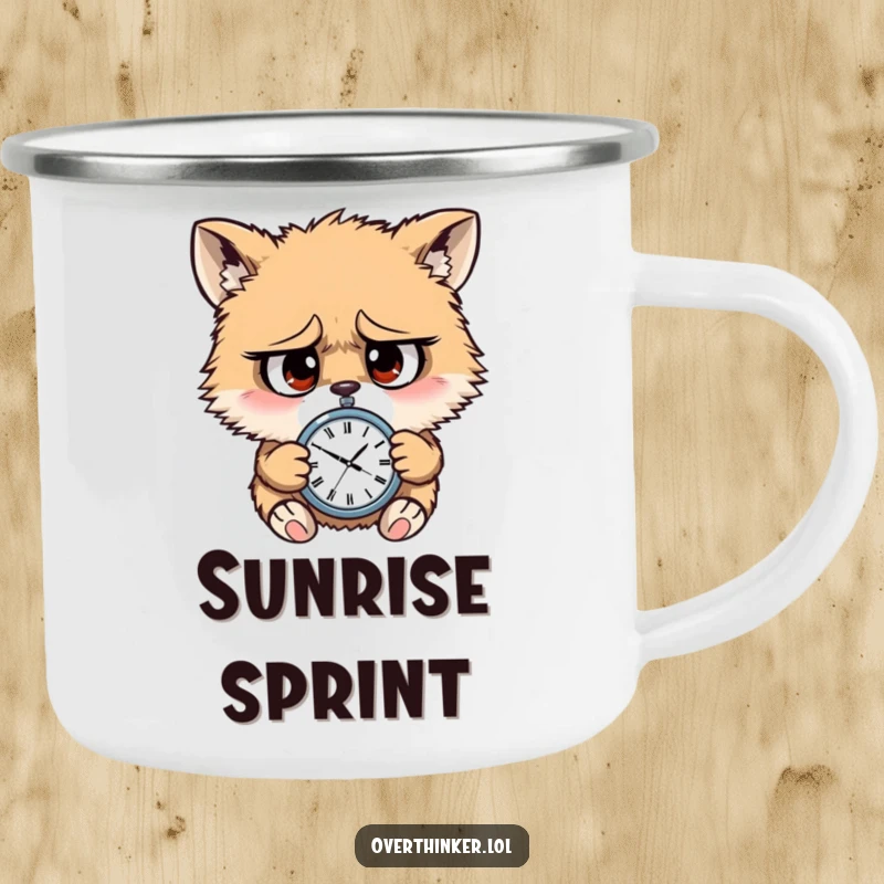 Funny camping mug showing a furry animal with anxious eyes, checking a small watch, ready for outdoor adventures.