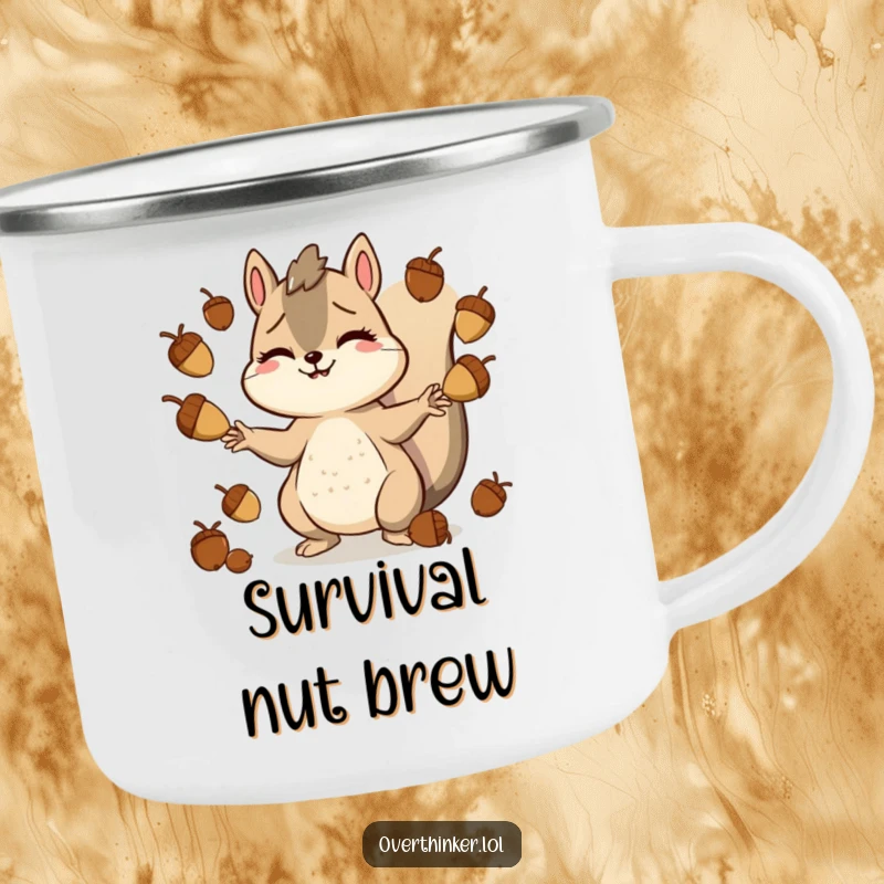 Funny camping mug with a smiling but stressed squirrel character juggling numerous acorns, perfect for outdoor coffee breaks.