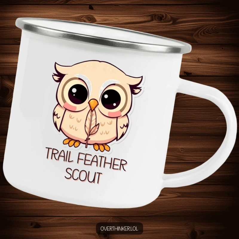 Funny Kawaii owl camping mug showing a cute owl staring at a feather, perfect for outdoor humor and drinks.