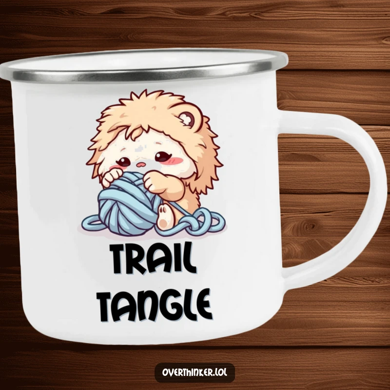 Funny camping mug featuring a fluffy creature tangled in yarn, ready for cozy outdoor crafting sessions.