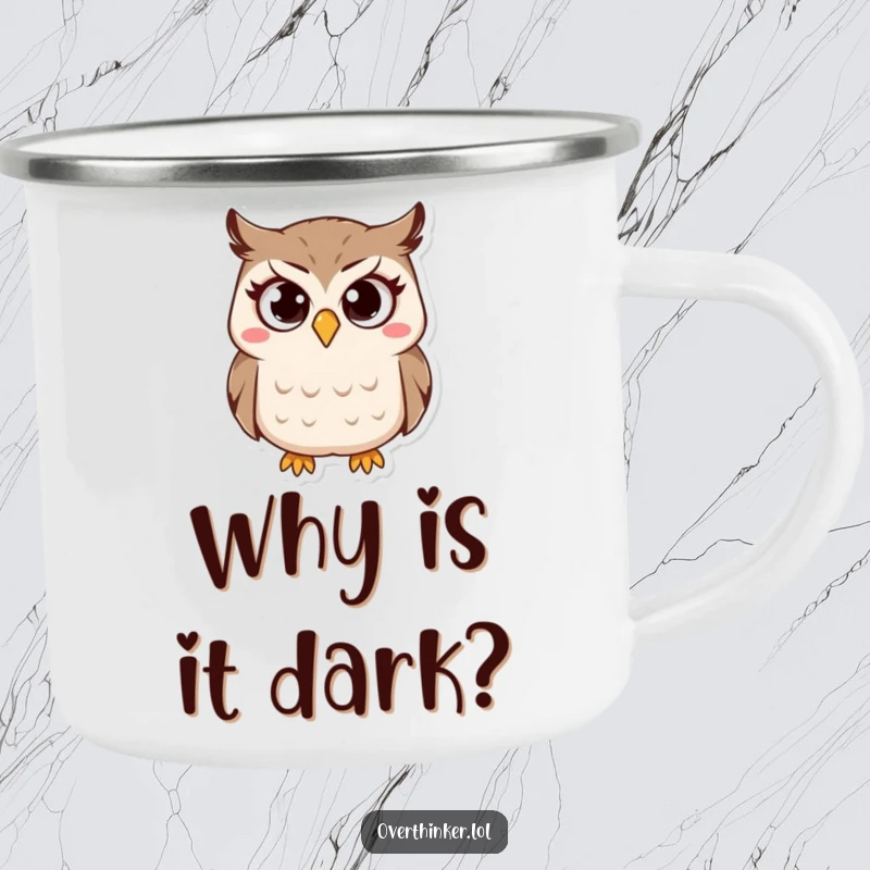 Funny Owl Camping Mug with a small owl character, wide questioning eyes, furrowed brow, ready for campfire conversations or hiking.
