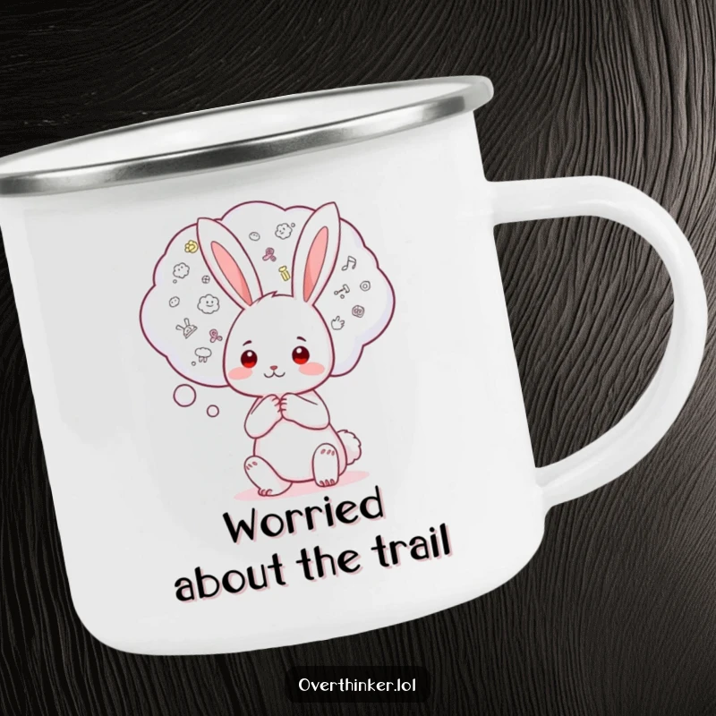Funny Kawaii rabbit camping mug featuring a character holding a large thought bubble filled with tiny worries, perfect for outdoor trips and humor.
