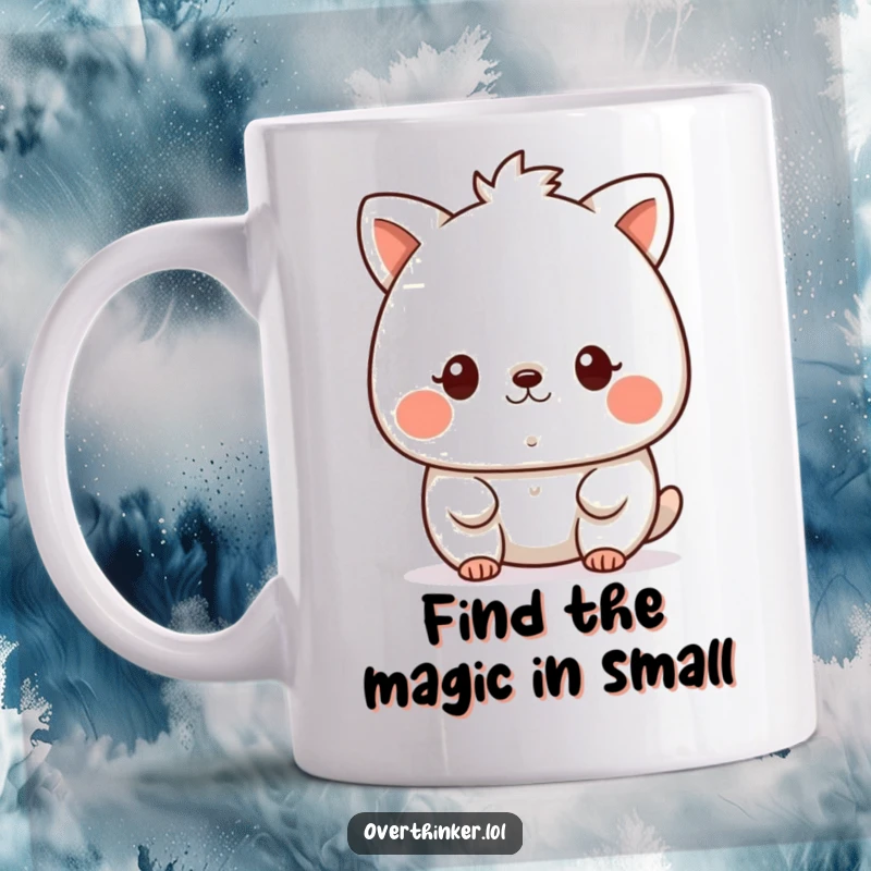 Funny kawaii mug depicting a cute animal character staring intently at a single, tiny speck, highlighting extreme focus and curiosity.