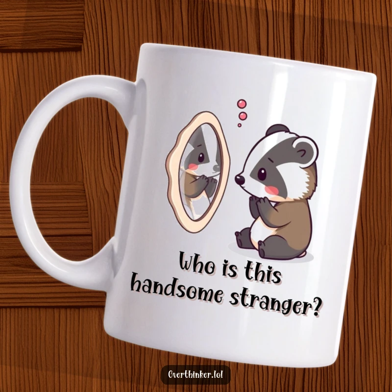 Funny badger mug showing a badger staring intently at its reflection, contemplating its existence and purpose.