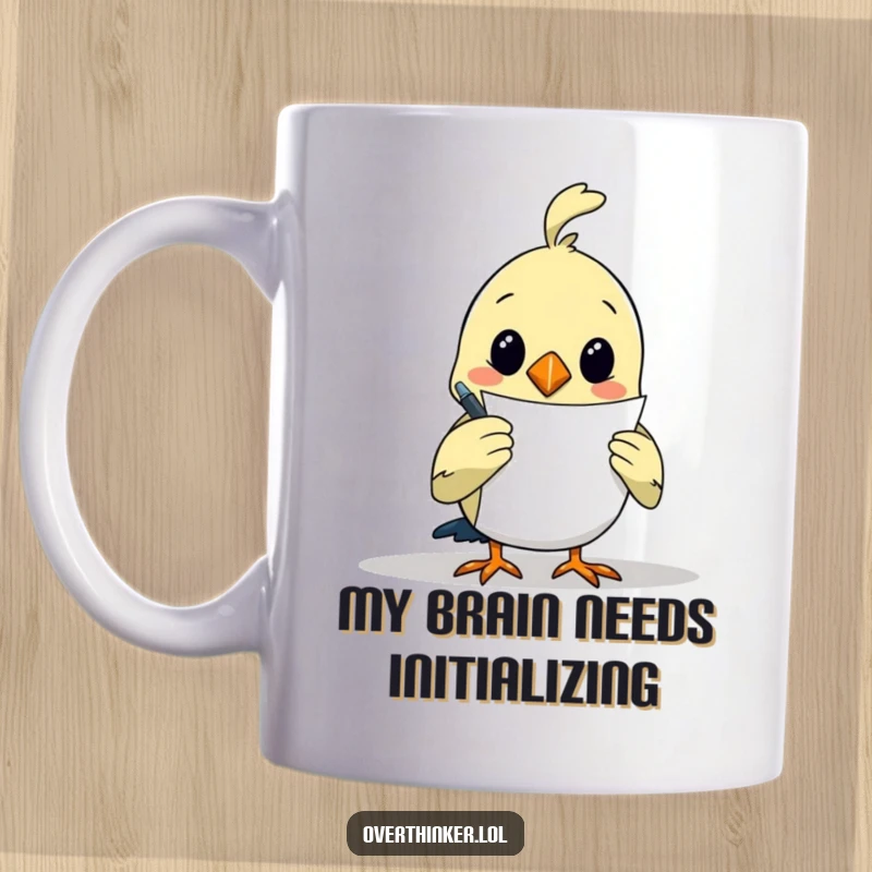 Funny bird mug with an overthinking bird holding a pen, looking at a blank paper, contemplating its next great idea.