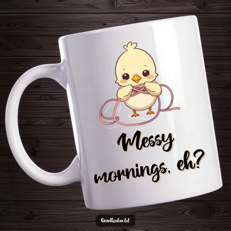 Funny Bird Yarn Mug featuring a small bird character struggling to unravel a large, tangled knot of colorful yarn. Humorous and relatable.