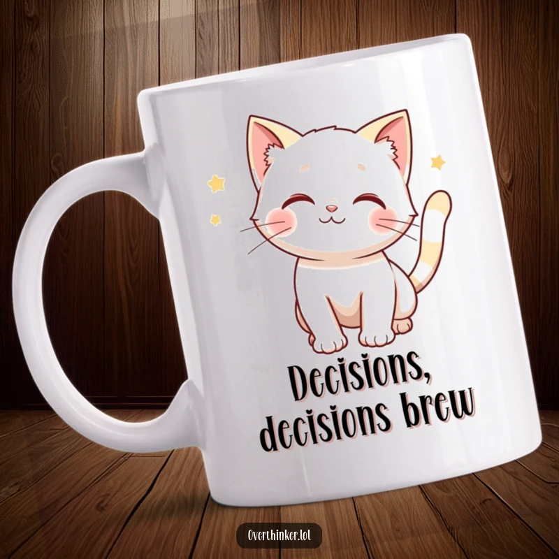 Funny mug showing a cat with a rapidly twitching tail, anticipating multiple outcomes with playful suspense.