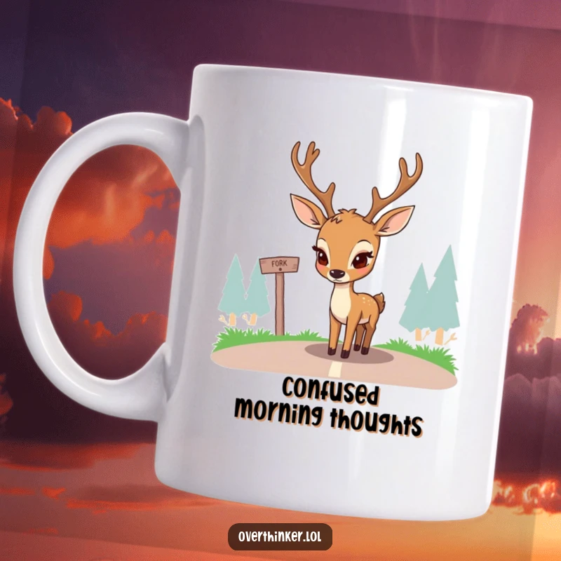 Funny mug showing a deer with furrowed brows, deep in thought over a simple fork in the road. Captures the humor of overthinking simple choices.
