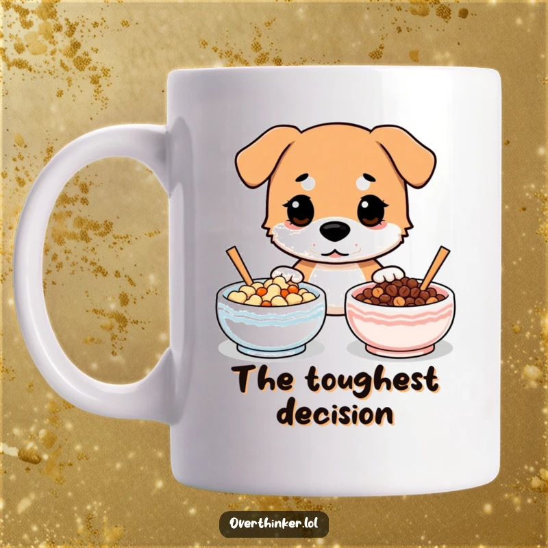 Funny mug showing a dog looking confused between two identical bowls of food, capturing indecision.