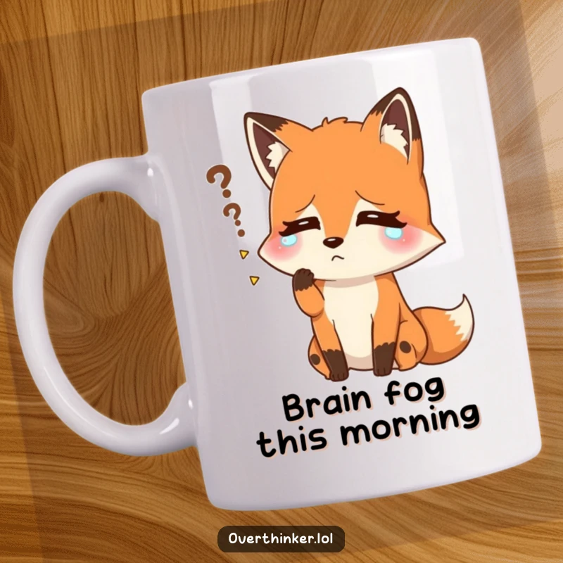 Funny mug showing a fox visibly sweating, with a look of intense effort to recall a forgotten name. Captures the humor of memory lapses.