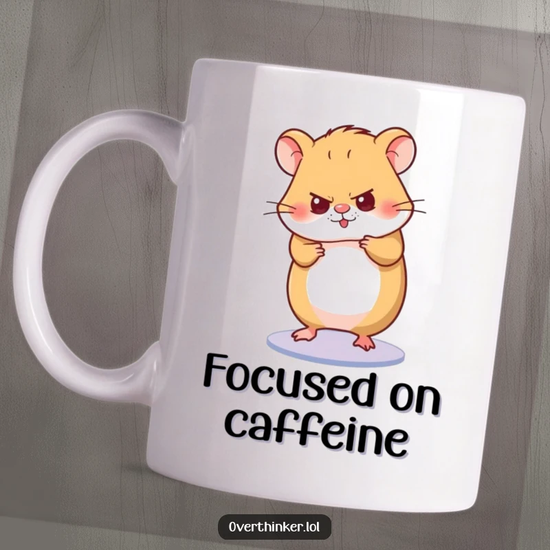 Funny mug showing a hamster character spinning its wheel with extreme concentration, portraying dedication and intense focus.