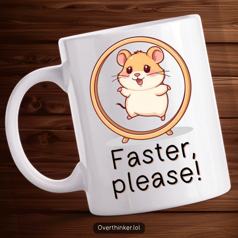 Funny Hamster Wheel Mug featuring a hamster character running at full speed on a dizzyingly fast spinning wheel. Humorous and relatable.