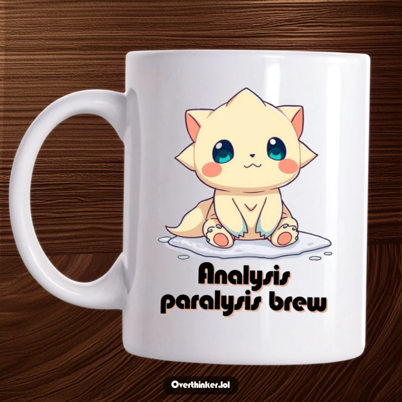Funny Mug: A comical creature sits frozen, contemplating which direction to go, illustrating decision paralysis with humor.
