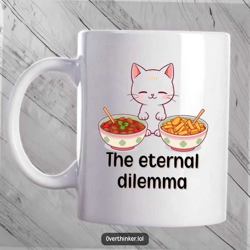 Funny Kawaii cat mug showing a cute cat looking back and forth between two identical food bowls, conveying indecision.