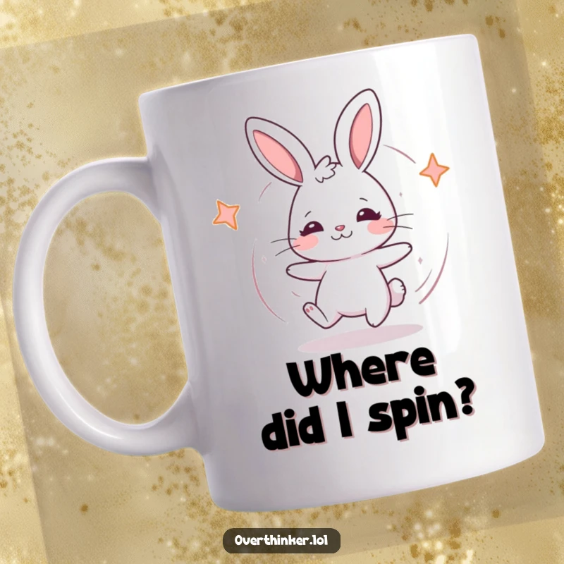 Funny Kawaii rabbit mug showing a cute rabbit twirling in circles with a confused expression, conveying playful disorientation.