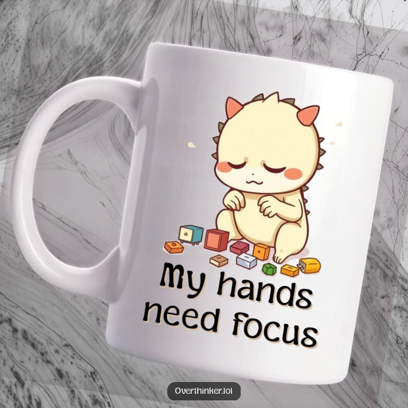 Funny mug showing a quirky creature nervously rearranging small objects in a repetitive pattern, highlighting anxiety and order.