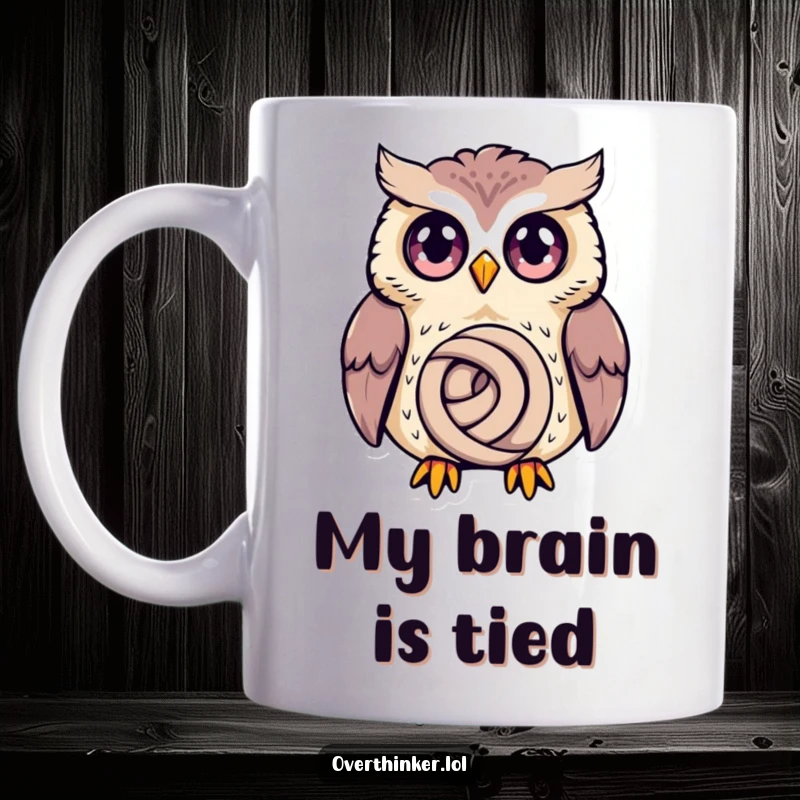 Funny Owl Mug featuring a wide-eyed owl spiraling in deep thought over a tiny knot, a perfect gift for thinkers.