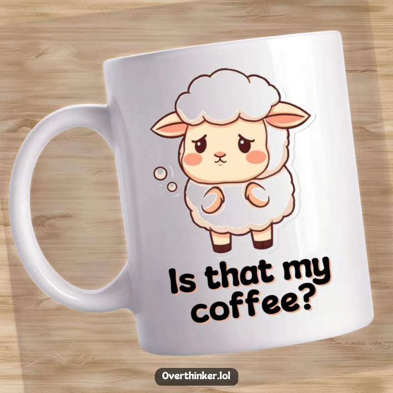 Funny mug showing a sheep with a furrowed brow, looking skeptically at a cloud's peculiar shape.