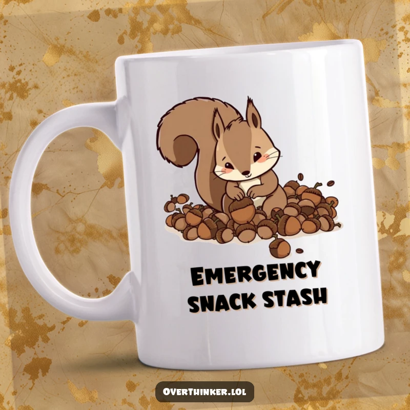 Funny Squirrel Mug featuring a frantic squirrel burying too many acorns, a humorous gift for planners.