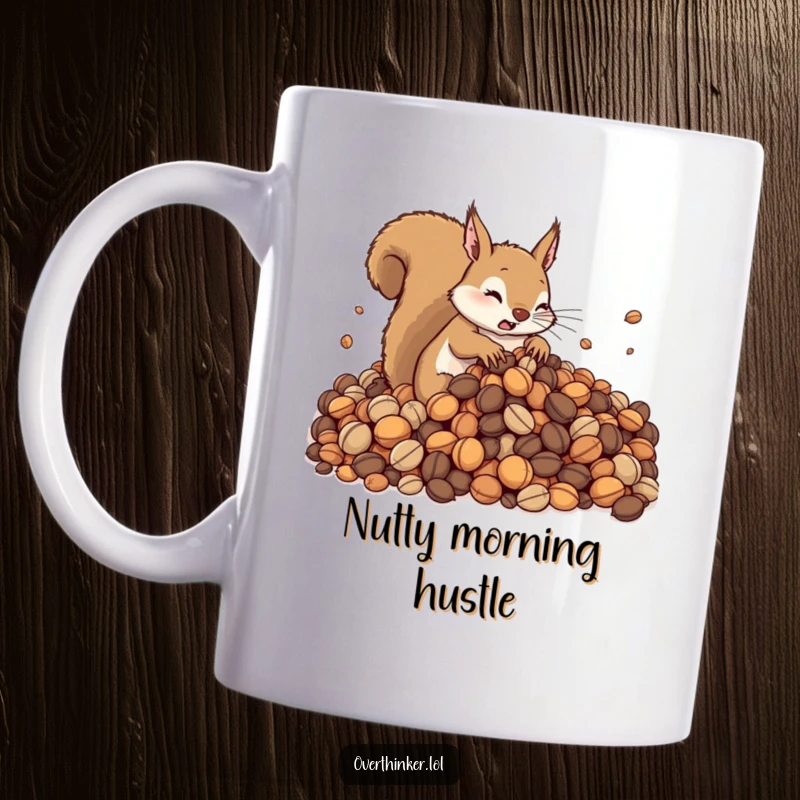 Funny mug featuring a cute squirrel in a panic, desperately trying to sort an enormous pile of nuts. Captures frantic energy and hoarding humor.