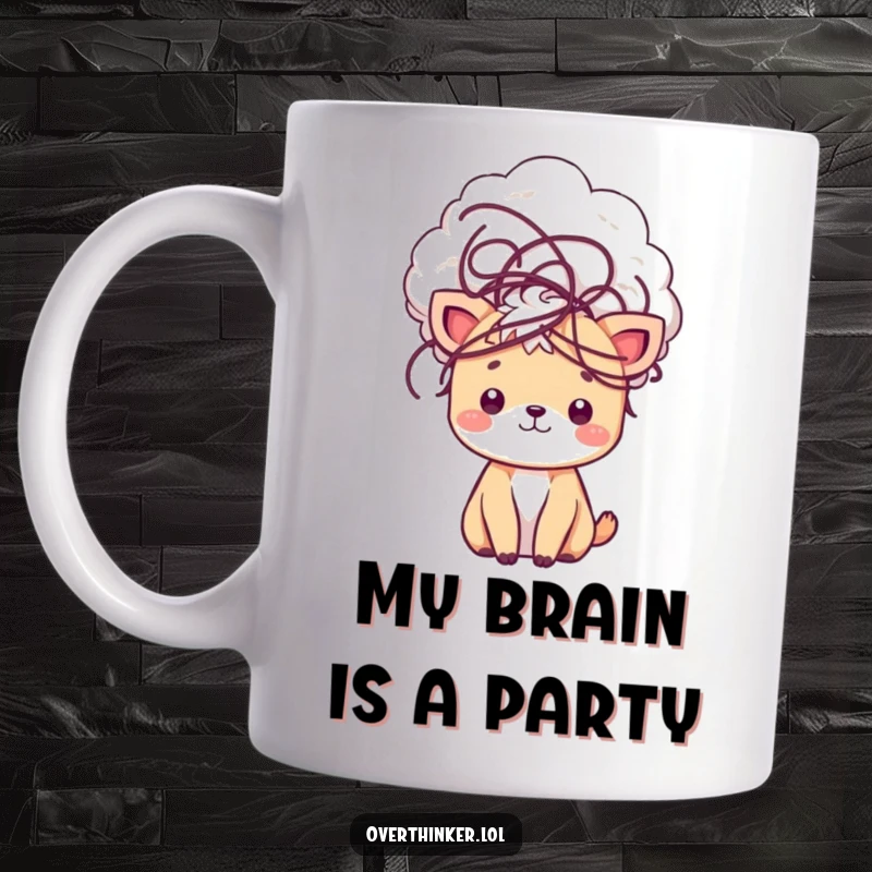Funny kawaii mug featuring a cute animal with a cloud of tangled thoughts swirling around its head, representing a busy and creative mind.