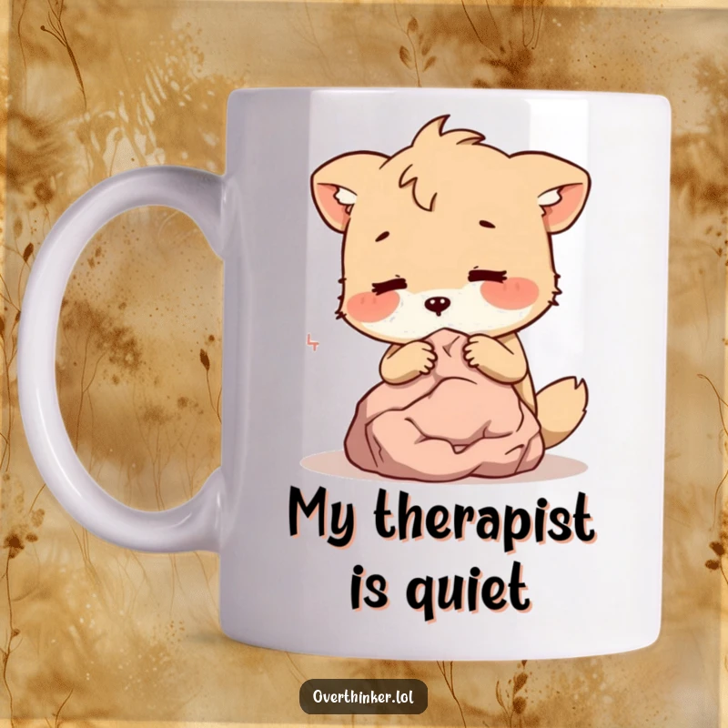 Funny Mug: An adorable animal character whispers secrets to a tiny, silent rock, capturing a moment of quirky friendship.