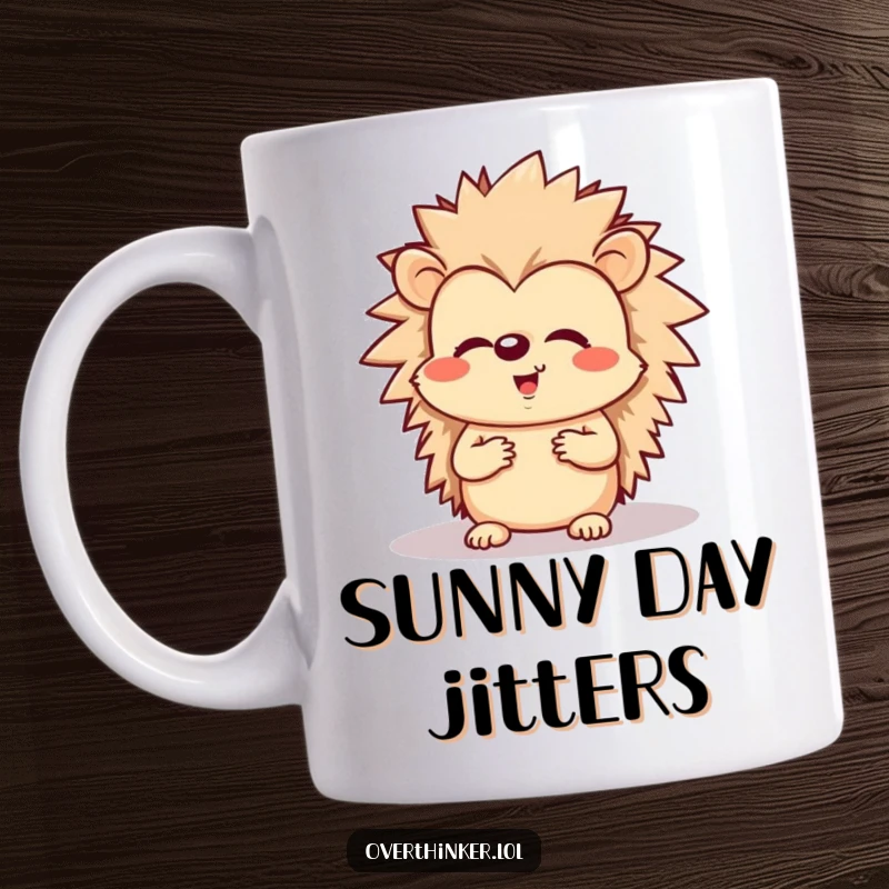 Funny mug featuring a cheerful hedgehog looking worriedly at its own shadow.