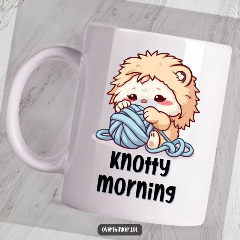 Funny mug featuring a cute, fluffy creature hilariously struggling to untangle a giant ball of colorful yarn.