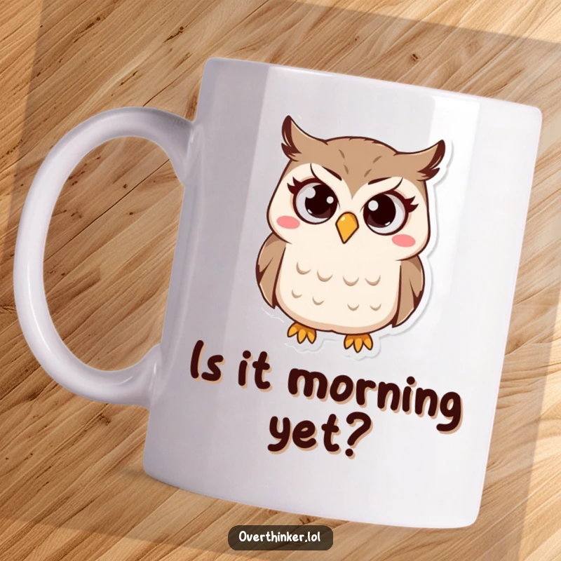 Funny Owl Mug featuring a small owl character with wide, questioning eyes and a furrowed brow, looking confused. Great gift.