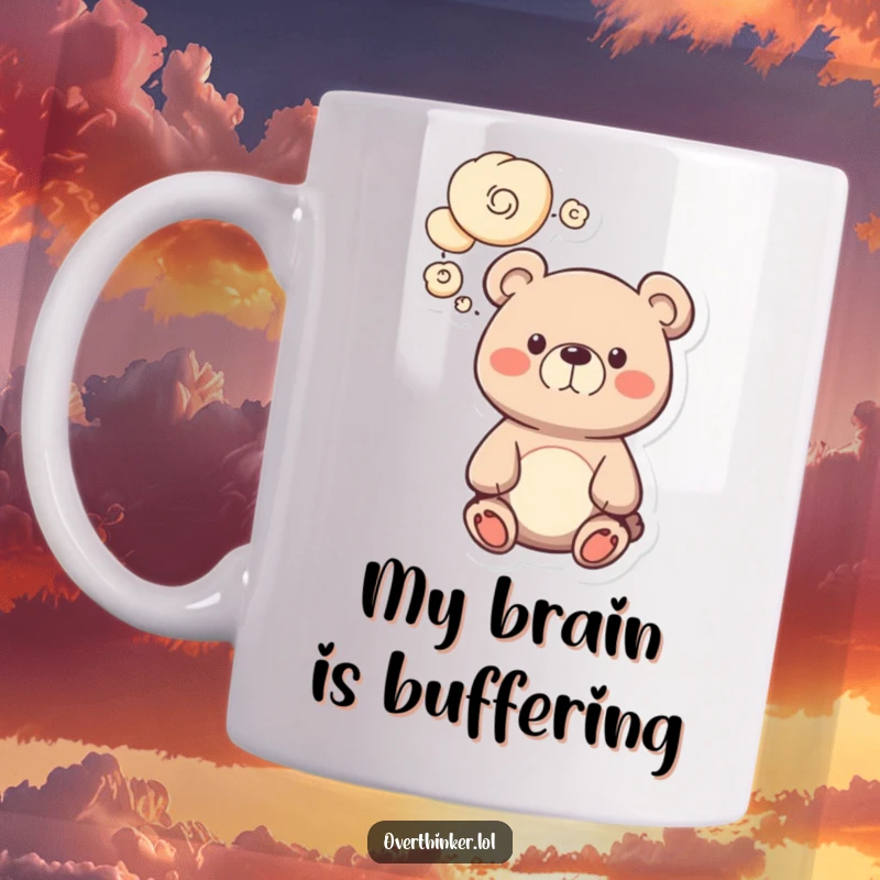 Funny bear mug with swirling thought bubbles, depicting a cute character lost in deep, humorous contemplation. Ideal for gifting.